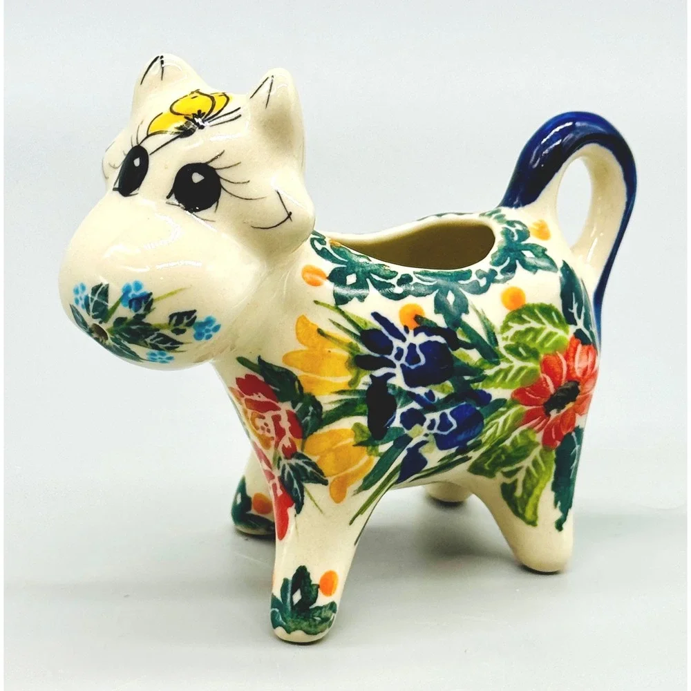 Polish Pottery Cow Creamer Creamer Cornflowers Butterfly Boleslawiec